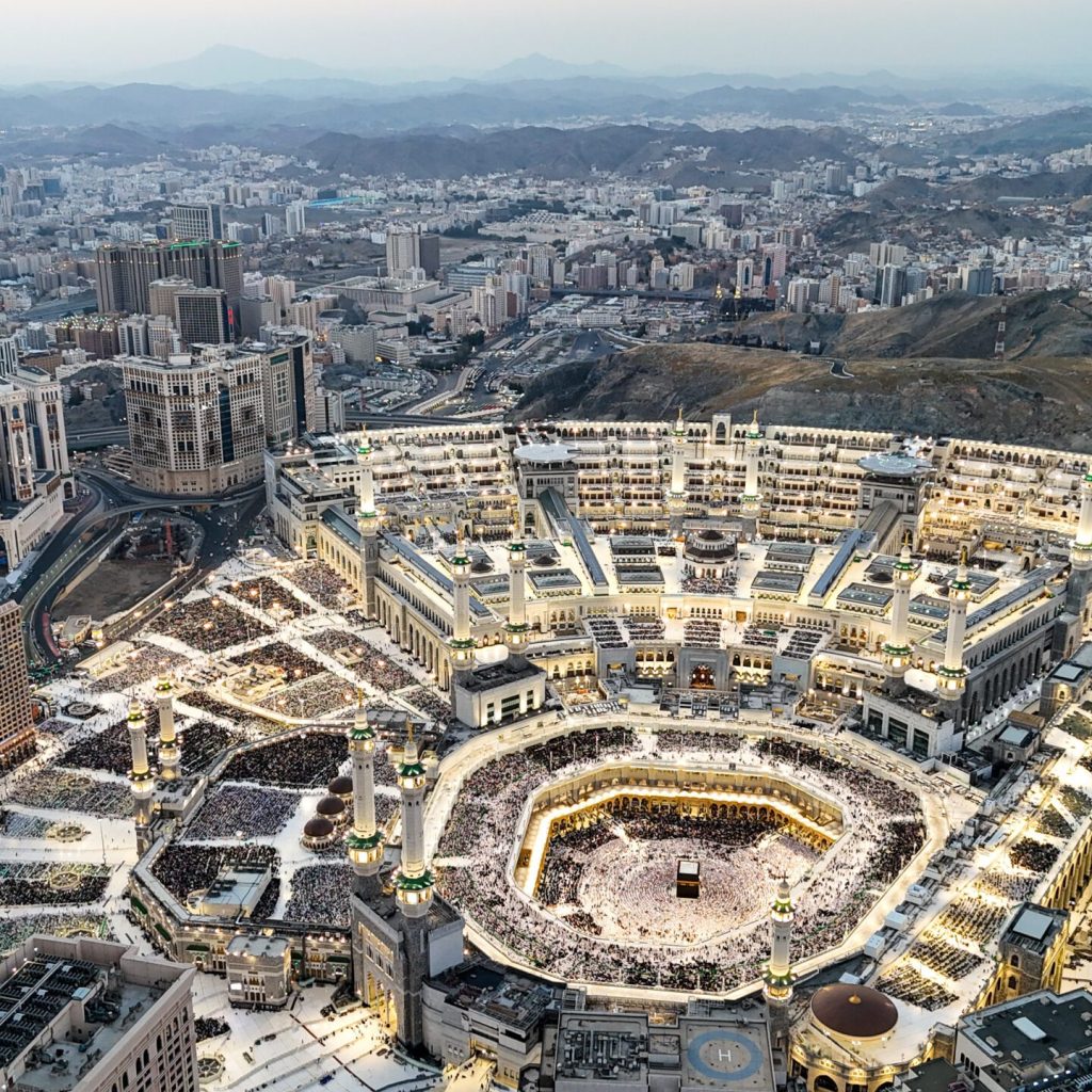 Aerial view Mecca skyline , Masjid Al Haram drone photo - Muslim pilgrims perform hajj and umra , Makkah city Saudi Arabia - Ramadan 1446