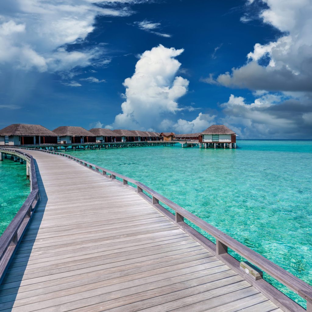 Beautiful beach with water bungalows at Maldives