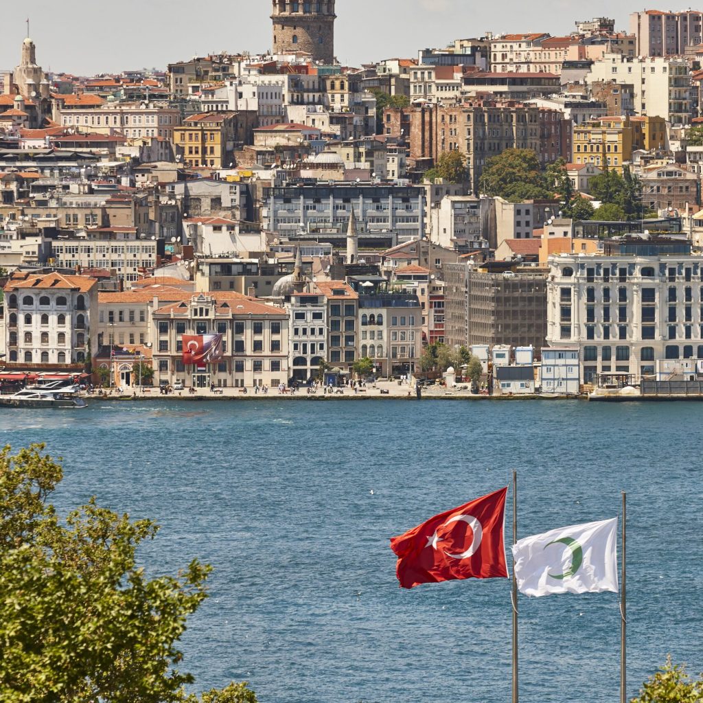 Galata tower and bosphorus strait in Istanbul skyline. Turkey